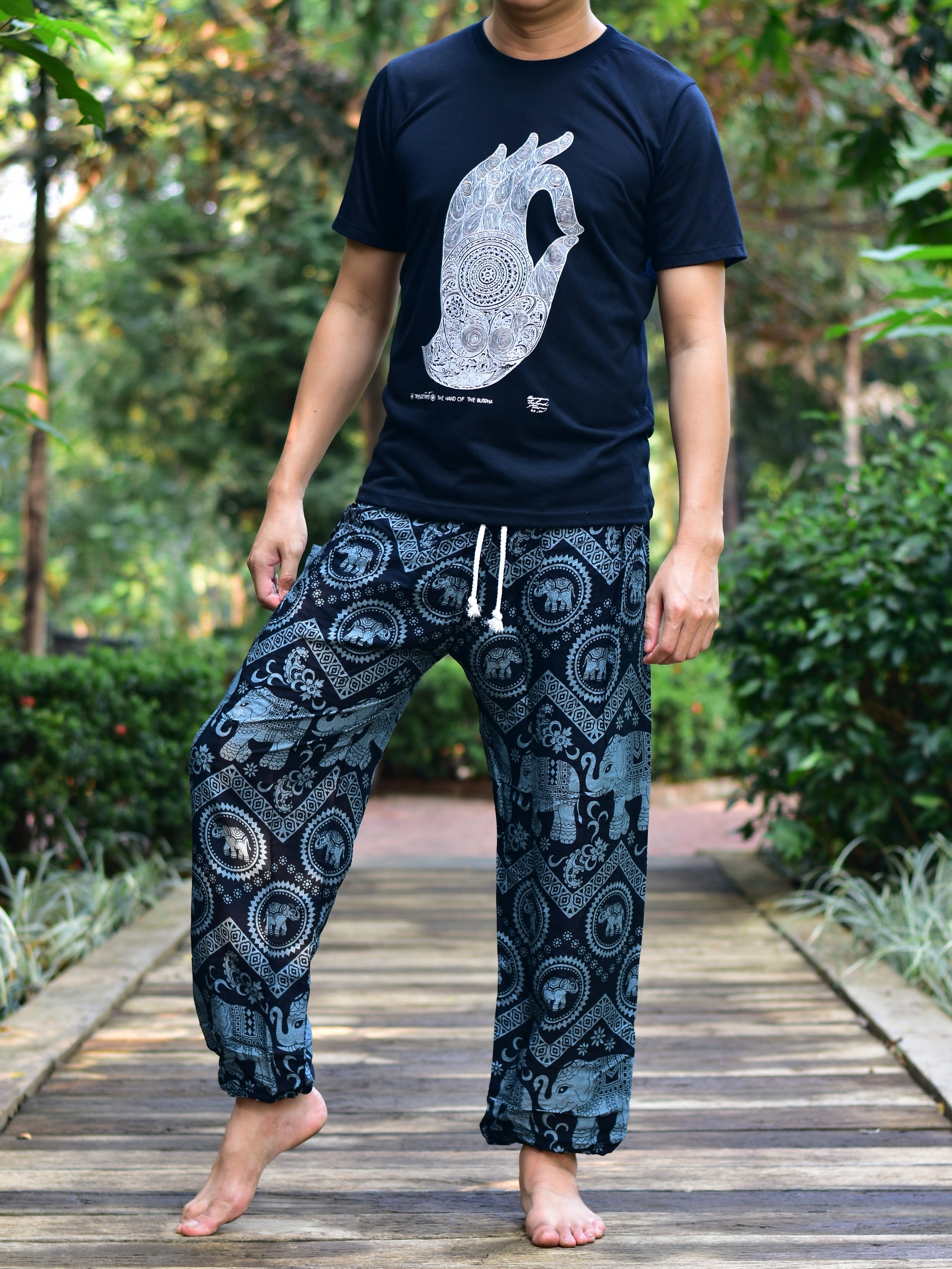 Bohotusk Men's Black Elephant Tusker Harem Pants showcasing a unique elephant print, elasticated waist, and external pocket.