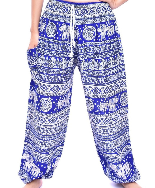 Bohotusk Men's Blue Elephant Calf Print Harem Pants with drawstring waist and elasticated ankles, showcasing vibrant elephant print.