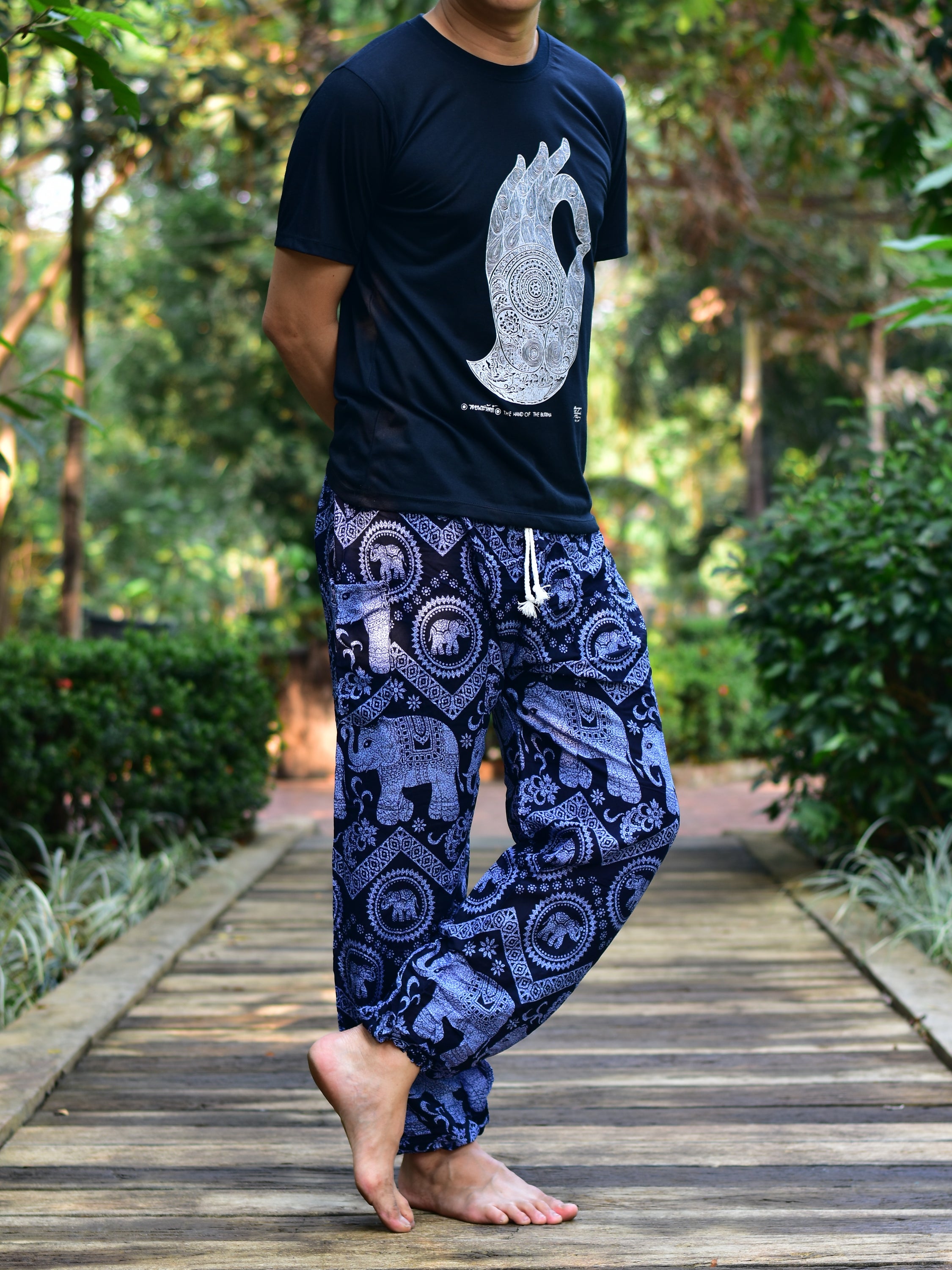 Bohotusk Men's Blue Elephant Tusker Harem Pants featuring a vibrant elephant print, elasticated waist, and ankle cuffs.