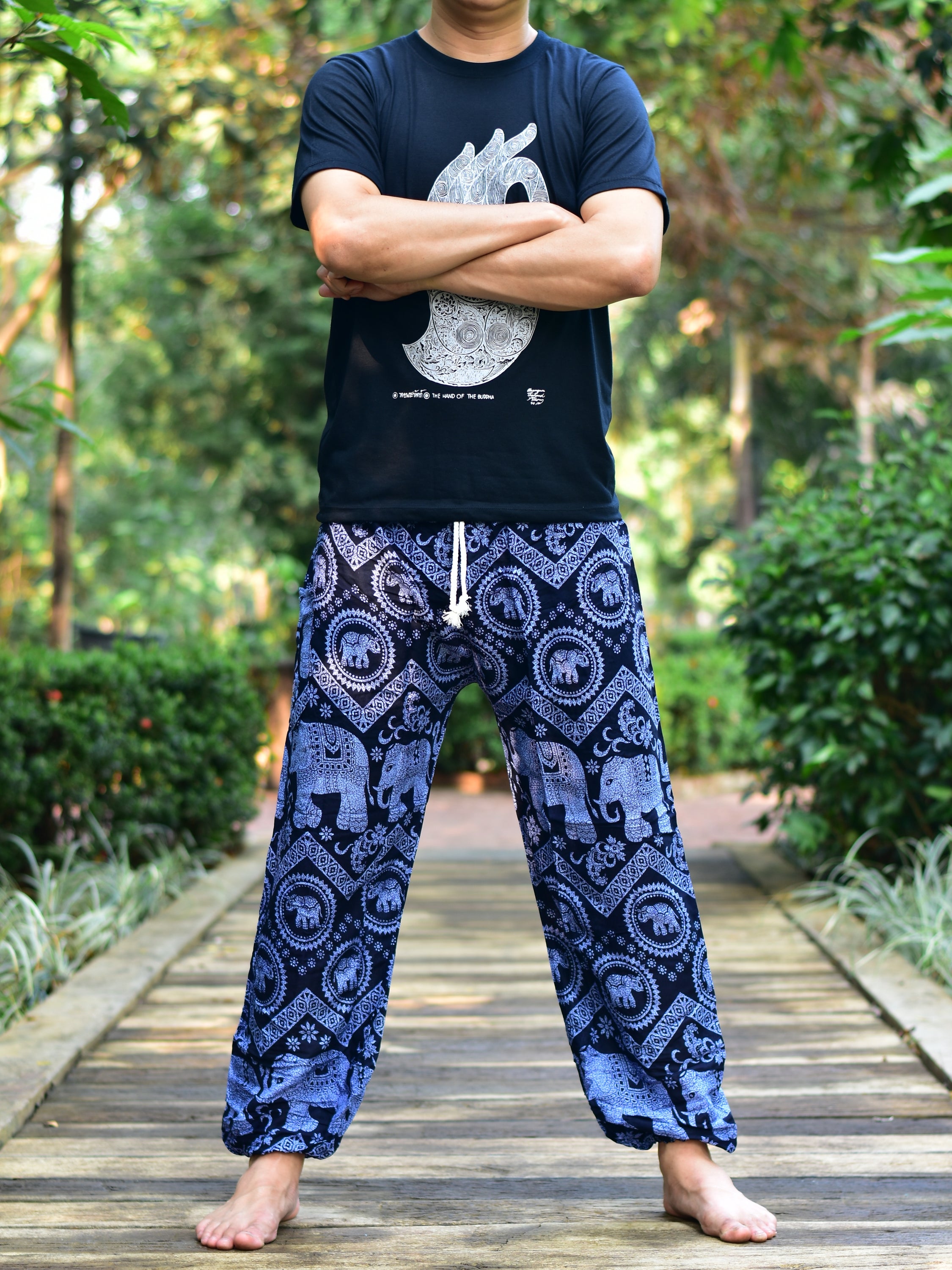 Bohotusk Men's Blue Elephant Tusker Harem Pants featuring a vibrant elephant print, elasticated waist, and ankle cuffs.