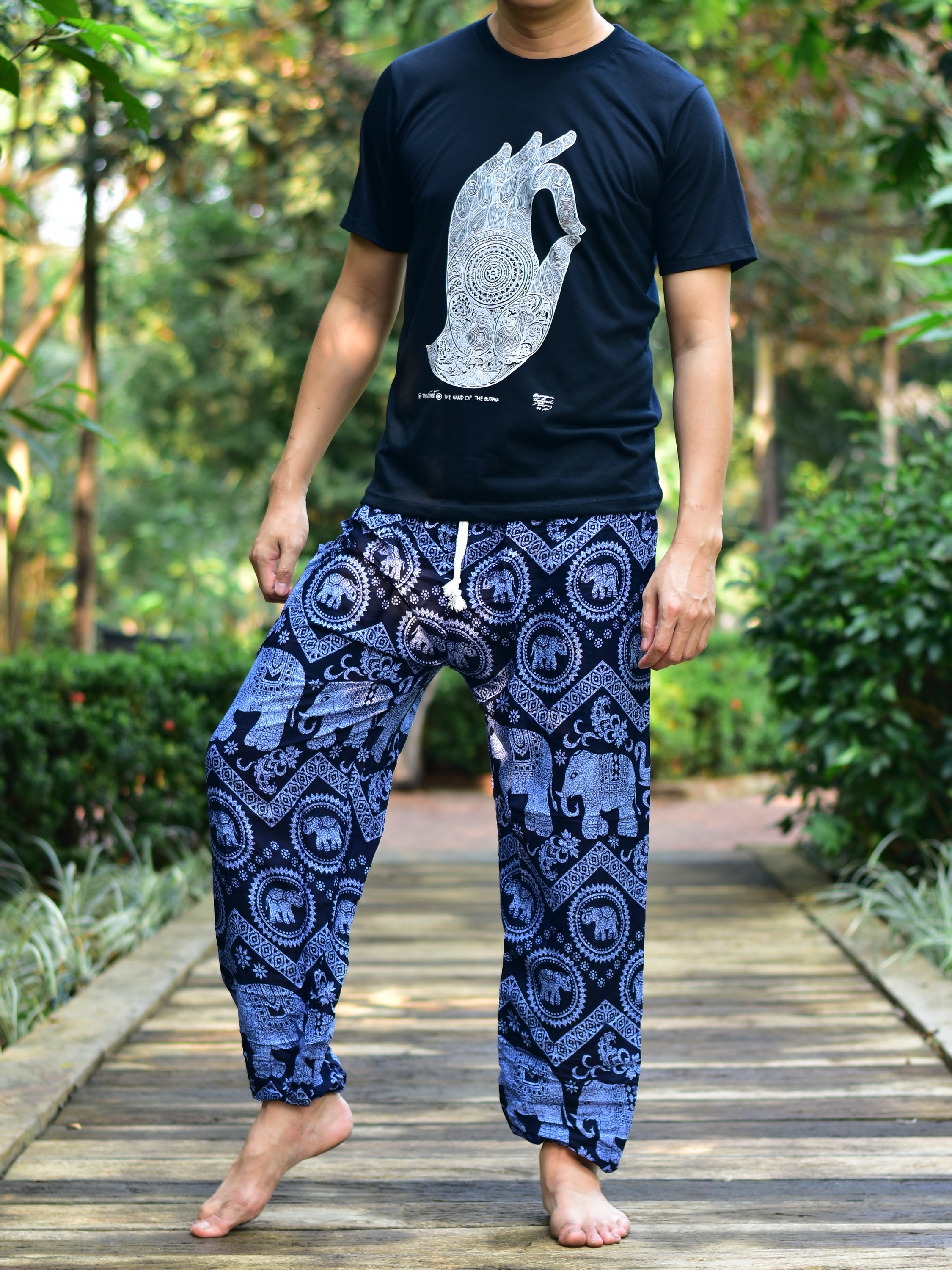 Bohotusk Men's Blue Elephant Tusker Harem Pants featuring a vibrant elephant print, elasticated waist, and ankle cuffs.