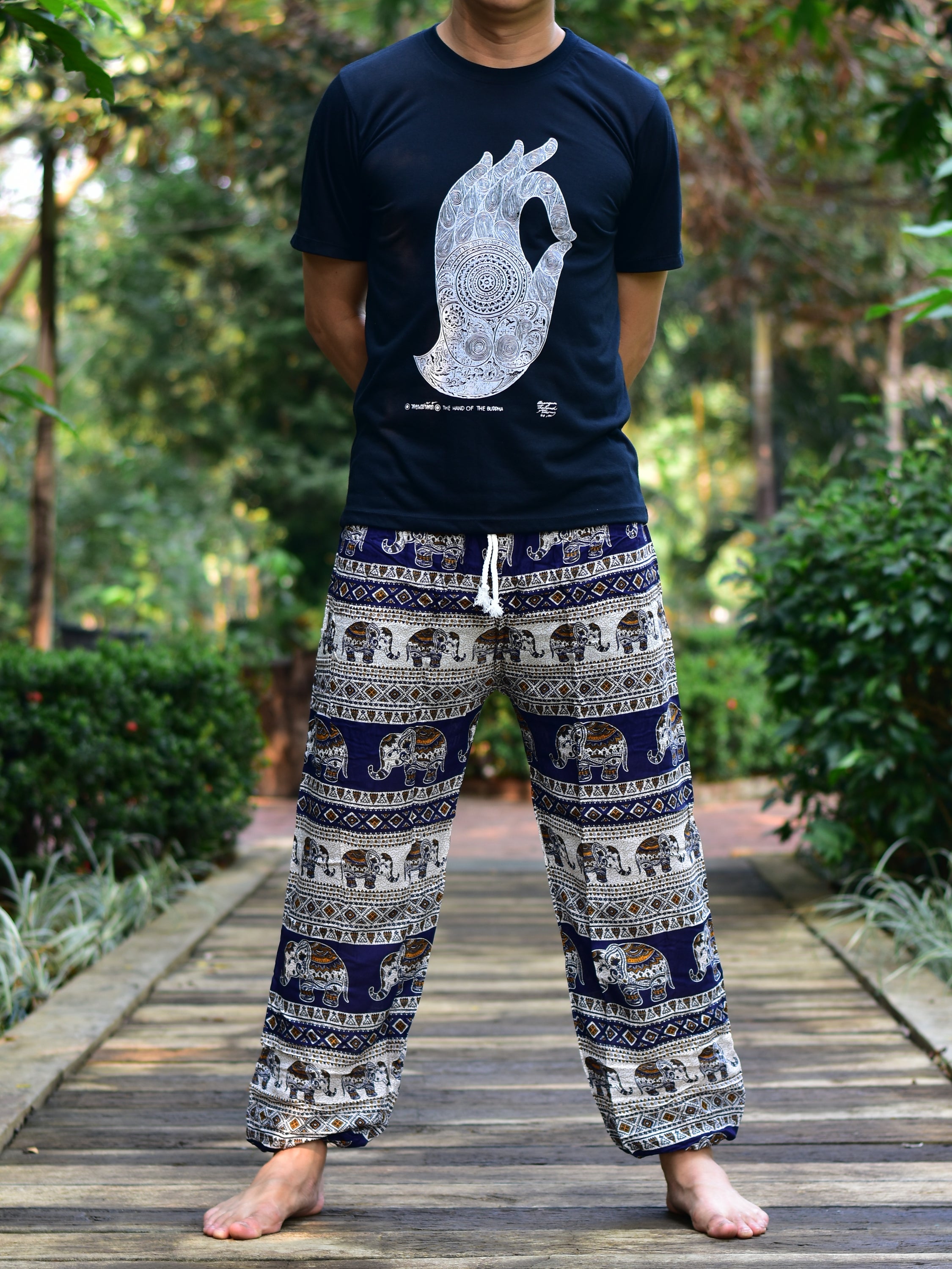 Bohotusk Men's Navy Blue Elephant Savannah Print Harem Pants with elasticated waist and ankles, featuring a unique elephant design.