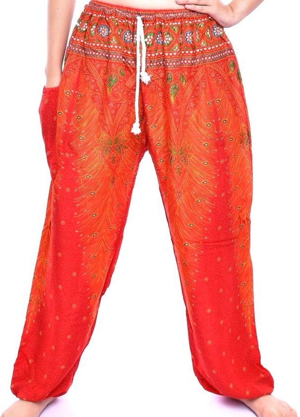 Bohotusk Men's Orange Peacock Print Harem Pants showcasing vibrant colors and a comfortable design with elasticated waist and ankles.