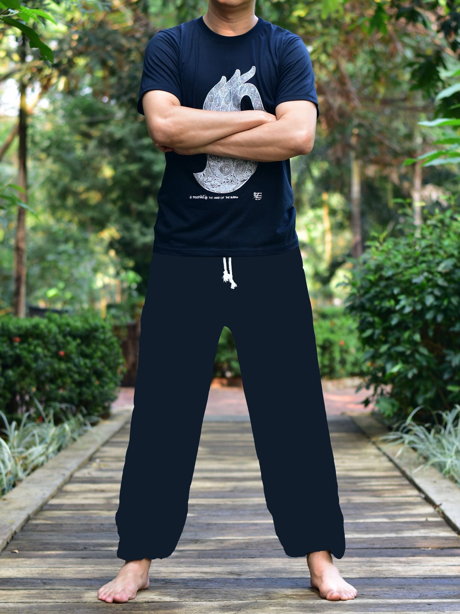 Bohotusk Men's Plain Black Harem Pants with cord tie waist, showcasing soft rayon fabric and elasticated features.