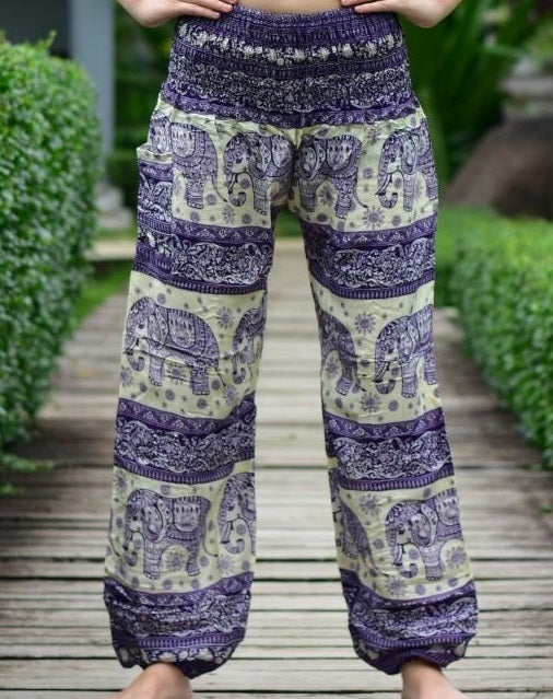 Bohotusk Men's Purple Elephant Herd Harem Pants featuring a vibrant purple elephant design, elasticated waist, and ankle cuffs.