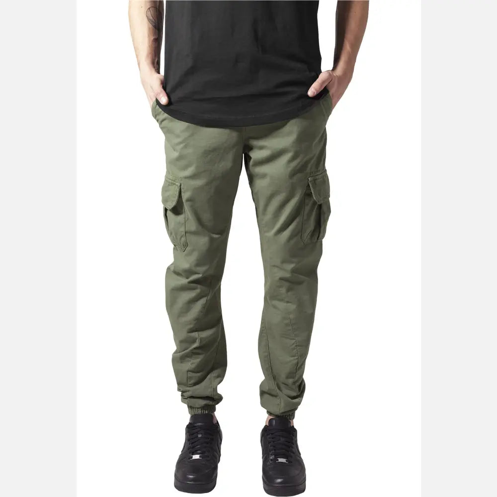 A pair of stylish cargo jogging pants made from 100% cotton, featuring multiple pockets and an elastic waistband for comfort.