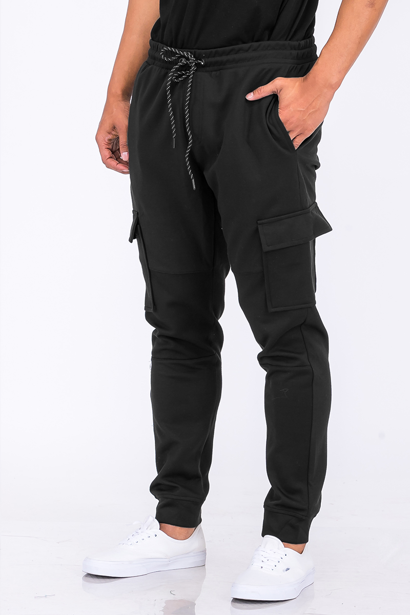 A pair of stylish Cotton Blend Cargo Joggers featuring an elastic waist, side cargo pocket with Velcro closure, and standard front pockets, displayed on a neutral background.