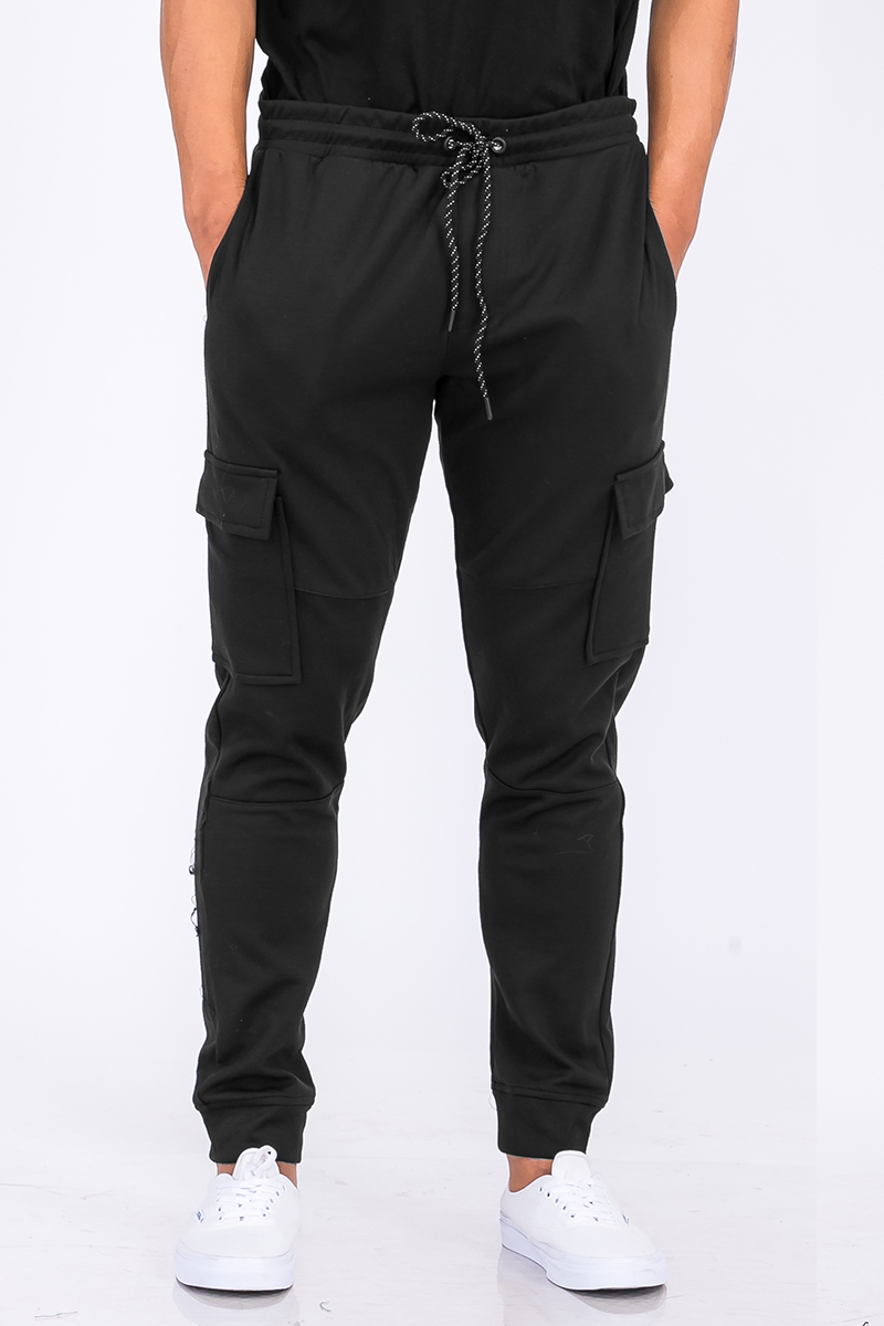 A pair of stylish Cotton Blend Cargo Joggers featuring an elastic waist, side cargo pocket with Velcro closure, and standard front pockets, displayed on a neutral background.