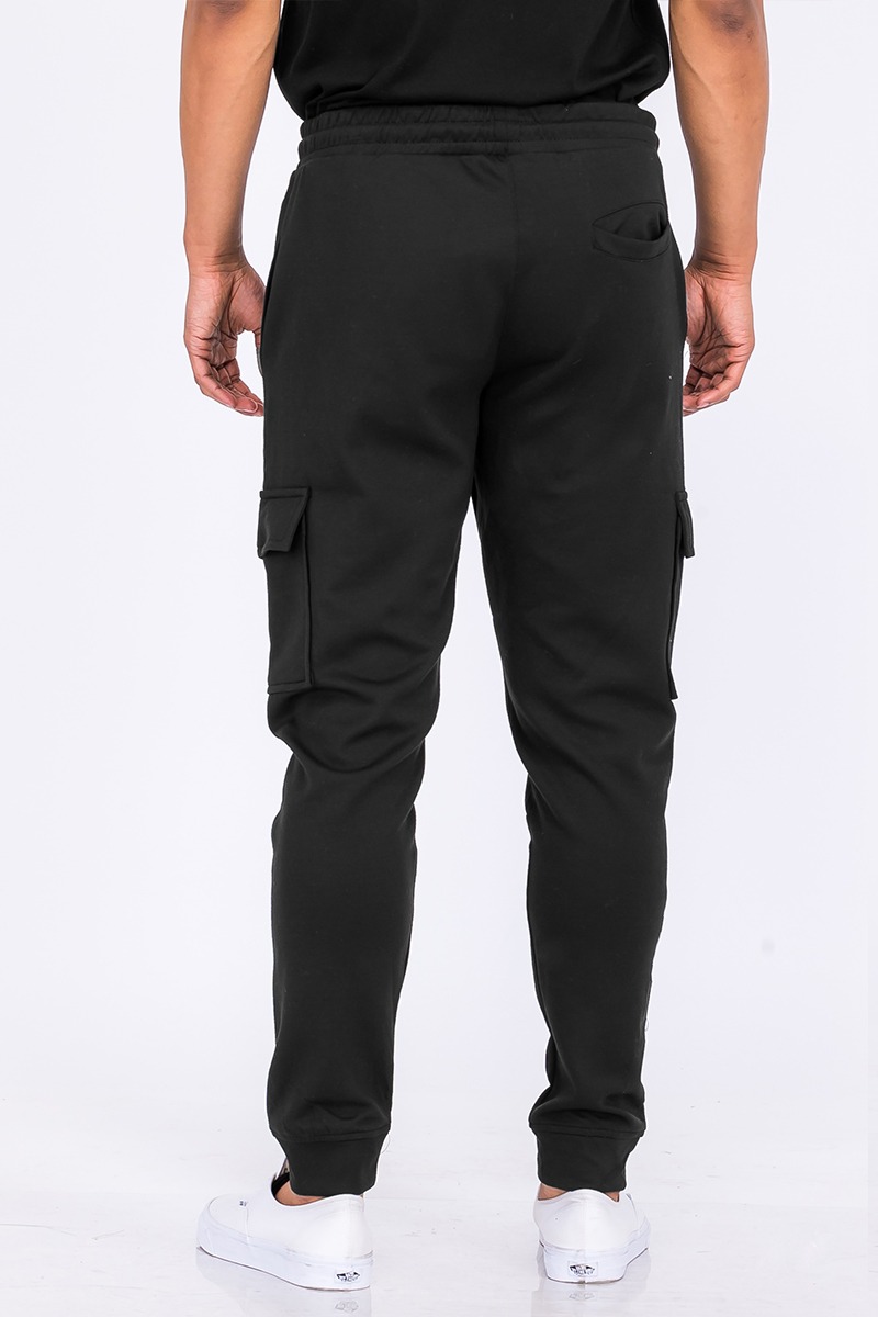 A pair of stylish Cotton Blend Cargo Joggers featuring an elastic waist, side cargo pocket with Velcro closure, and standard front pockets, displayed on a neutral background.