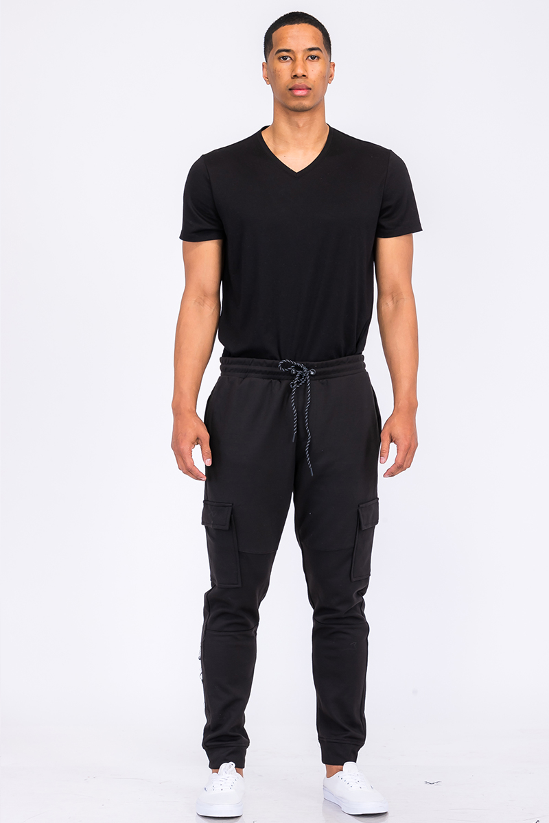 A pair of stylish Cotton Blend Cargo Joggers featuring an elastic waist, side cargo pocket with Velcro closure, and standard front pockets, displayed on a neutral background.