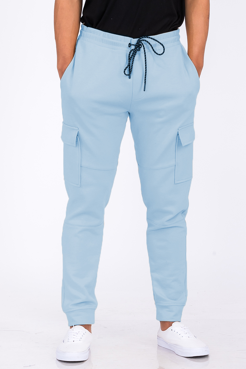 A pair of stylish Cotton Blend Cargo Joggers featuring side cargo pockets and an elastic waist with drawstring, displayed on a neutral background.