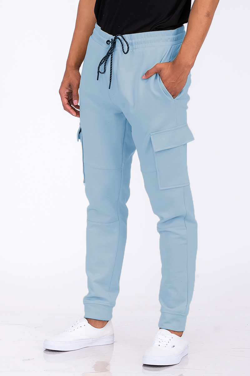 A pair of stylish Cotton Blend Cargo Joggers featuring side cargo pockets and an elastic waist with drawstring, displayed on a neutral background.