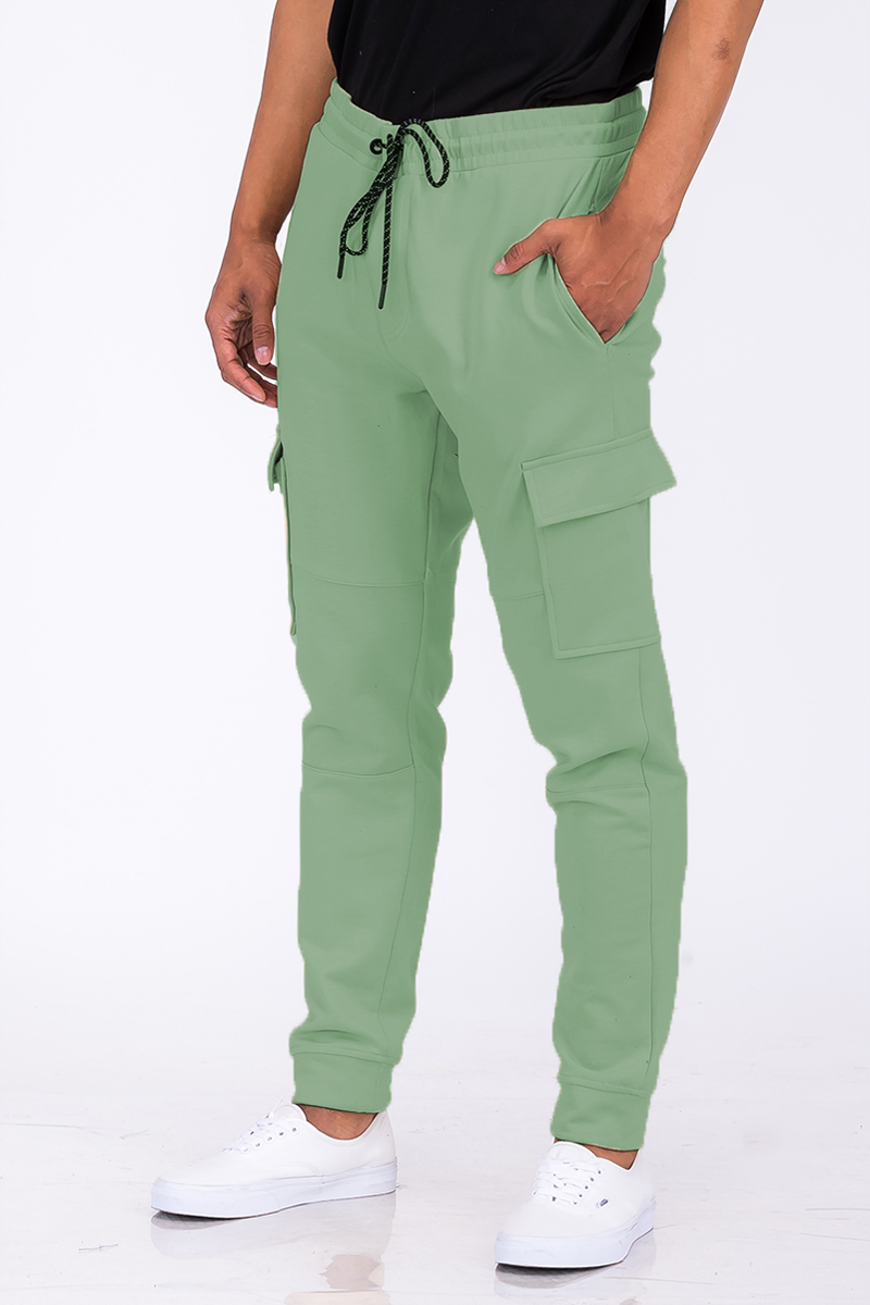 A pair of stylish Cotton Blend Cargo Joggers featuring side cargo pockets and an elastic waist with drawstring.