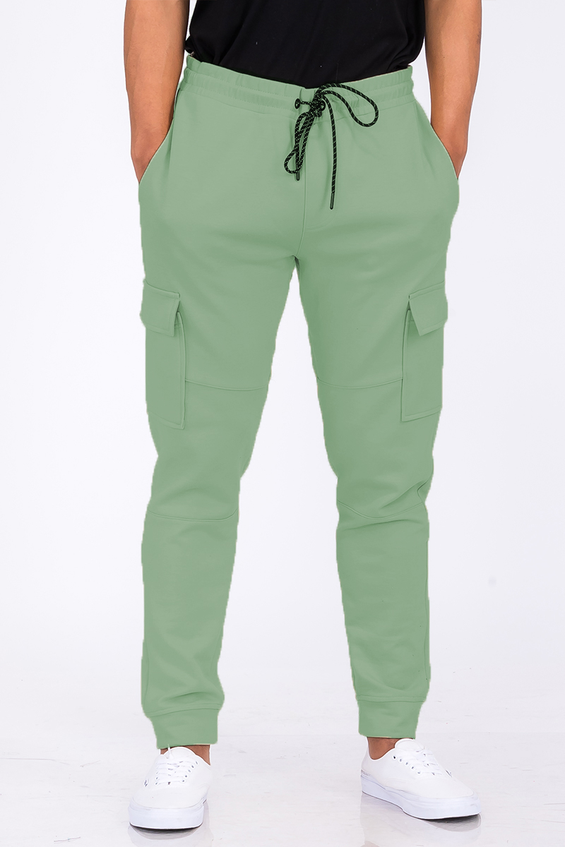 A pair of stylish Cotton Blend Cargo Joggers featuring side cargo pockets and an elastic waist with drawstring.