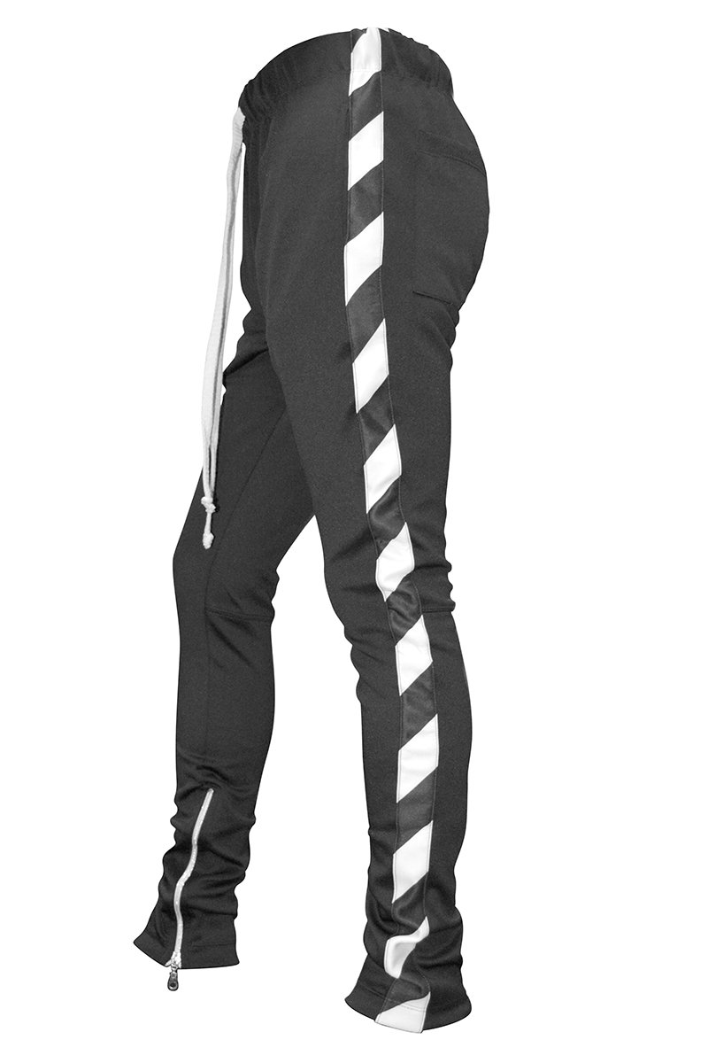 A pair of solid black Diagonal Track Pants featuring a diagonal stripe print on the side, showcasing a skinny fit and elastic waist with drawstring.