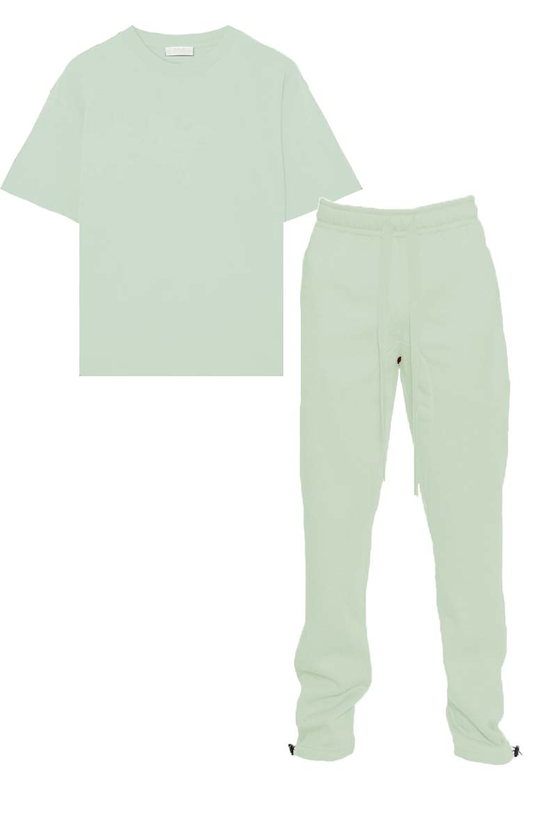 Drop Shoulder and Ankle Toggle Sweat Set featuring an oversized tee and regular fit sweat pants in soft cotton fabric.