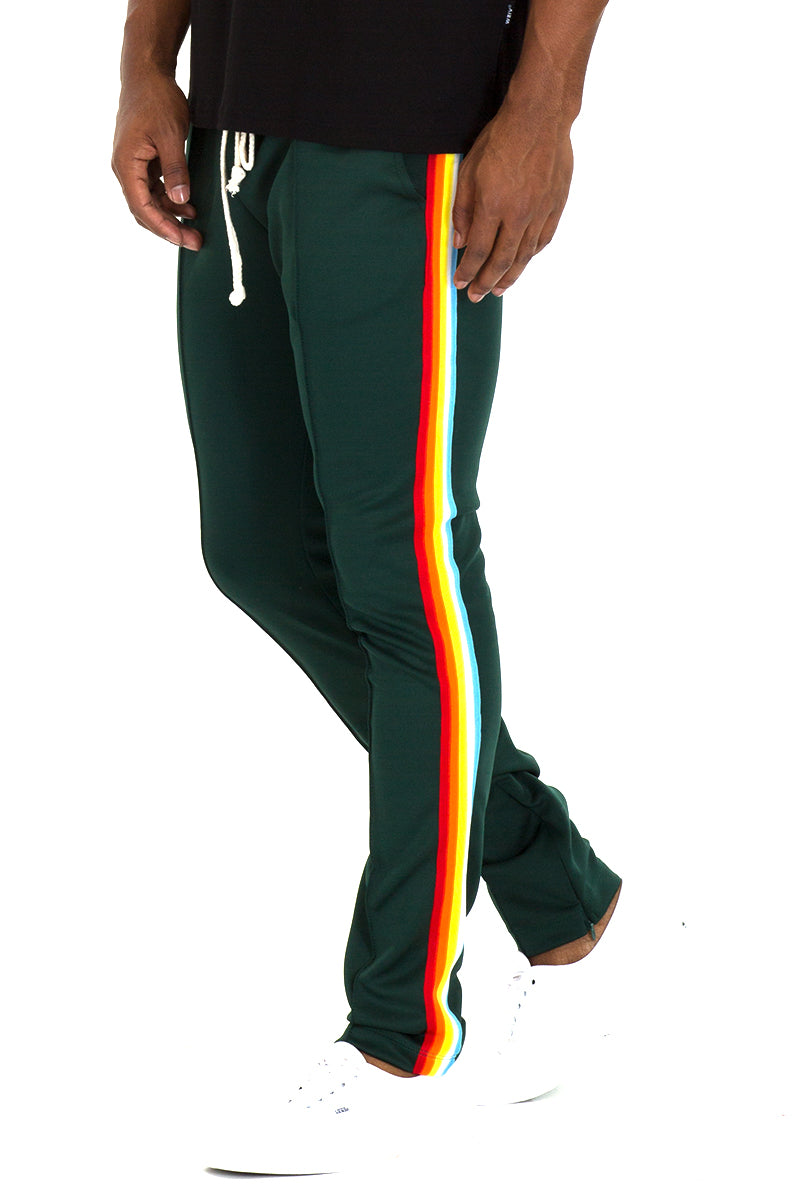 Full Rainbow Track Pant featuring a slim fit design, elastic waist with drawstring, and standard pockets, perfect for workouts and casual wear.