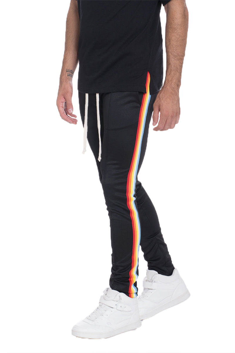 Full Rainbow Track Pant featuring a slim fit design, elastic waist with drawstring, and standard pockets, perfect for workouts and casual wear.