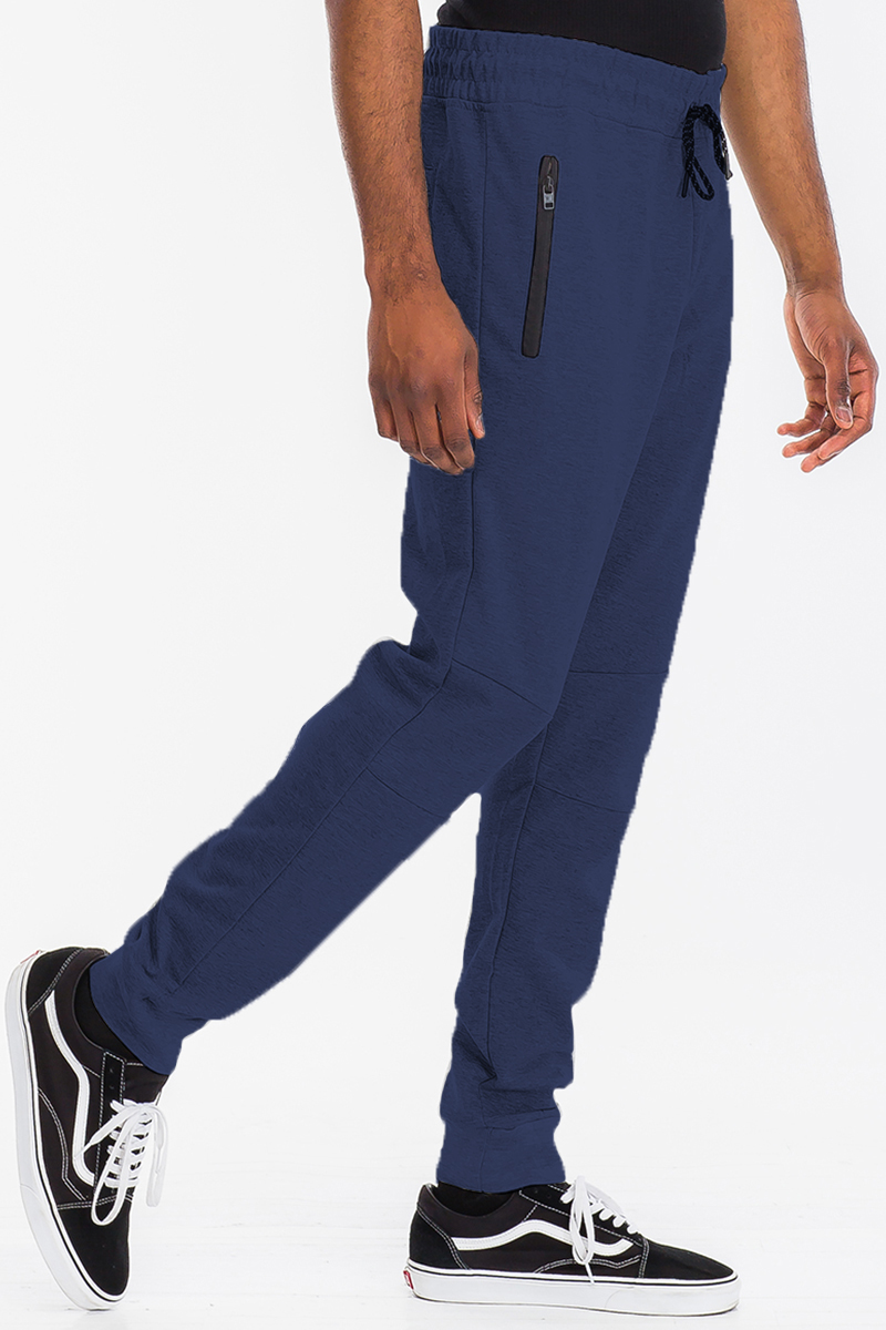 Heathered cotton sweats featuring an elastic waist, elastic ankle cuffs, and a zipper closure front pocket, perfect for casual wear.