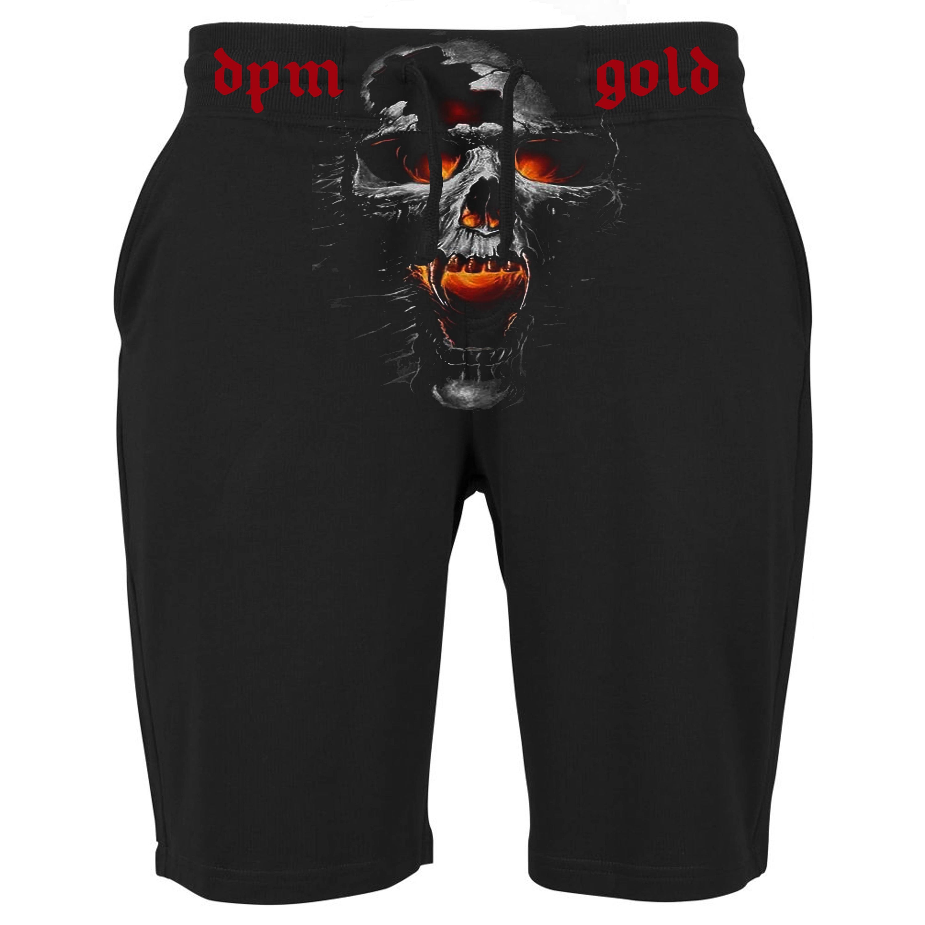 Men's Sport Shorts The Skull featuring unique handmade prints, high-quality cotton fabric, and the original DPM69 logo, available in various sizes.