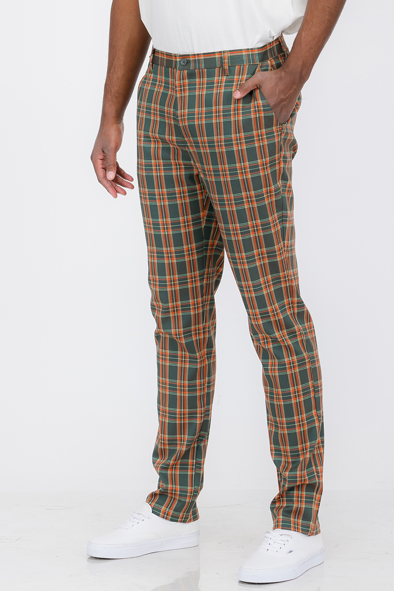 Plaid slim fit trouser pants featuring button fly closure and standard pockets, styled for a modern look.