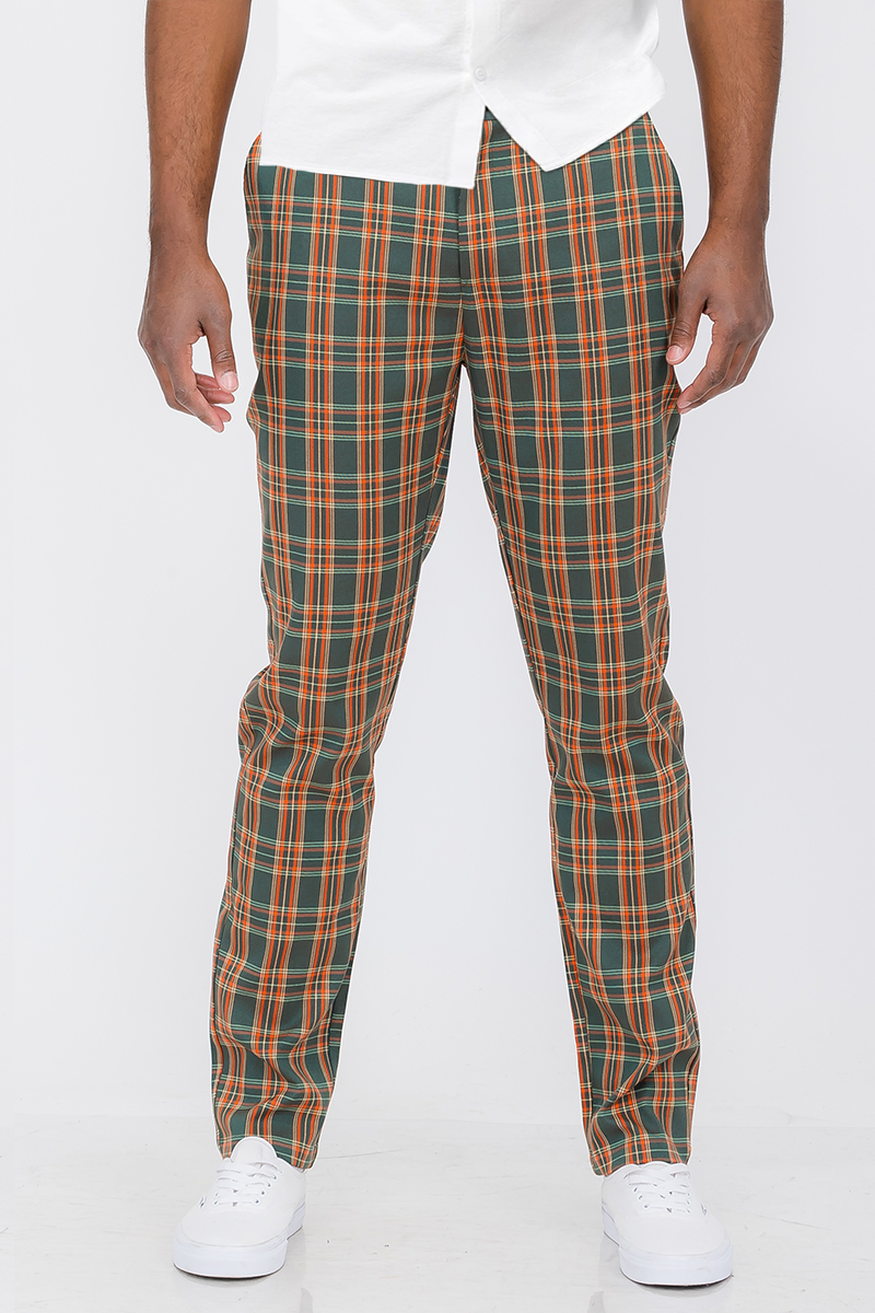 Plaid slim fit trouser pants featuring button fly closure and standard pockets, styled for a modern look.