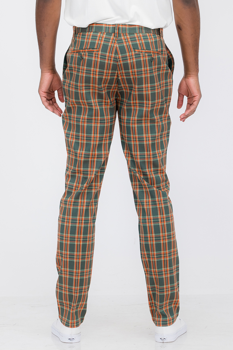 Plaid slim fit trouser pants featuring button fly closure and standard pockets, styled for a modern look.