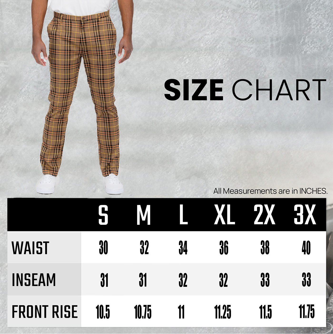 Plaid slim fit trouser pants featuring button fly closure and standard pockets, styled for a modern look.