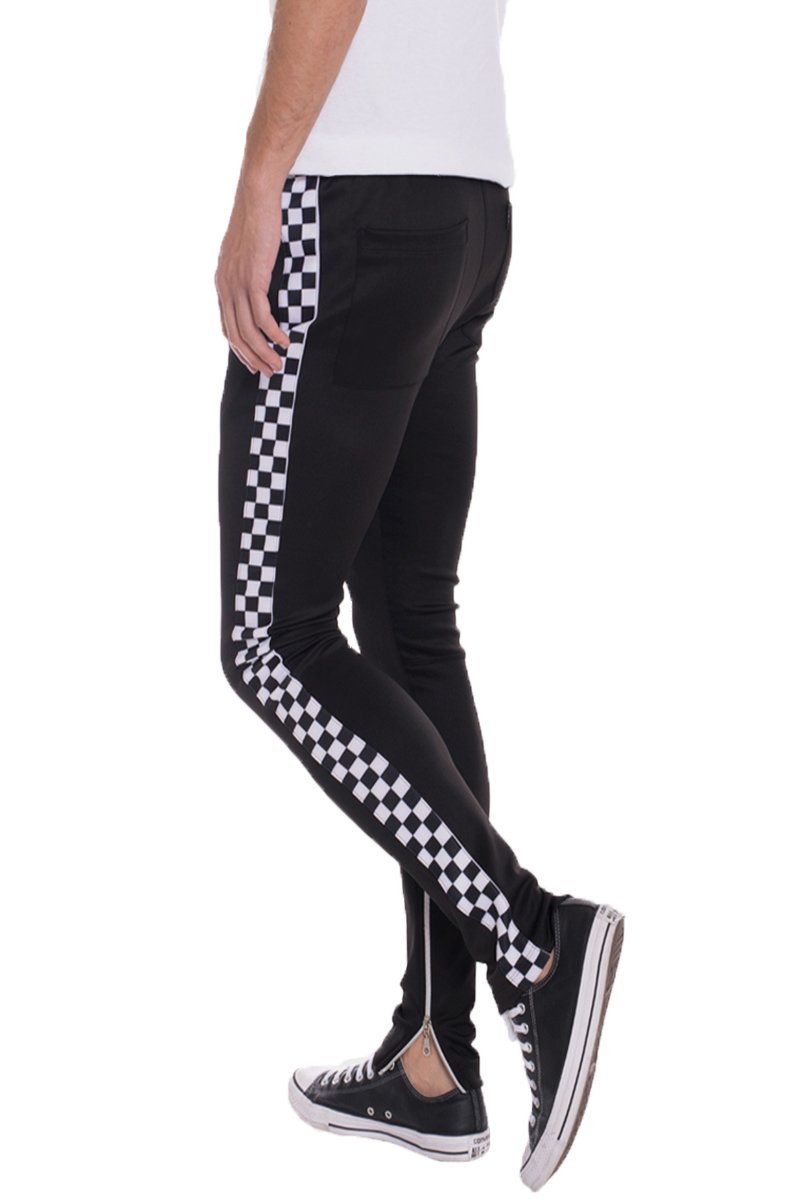 A pair of Racer Track Pants in a sleek skinny fit, featuring an elastic waist with drawstring and standard pockets, perfect for workouts and casual wear.