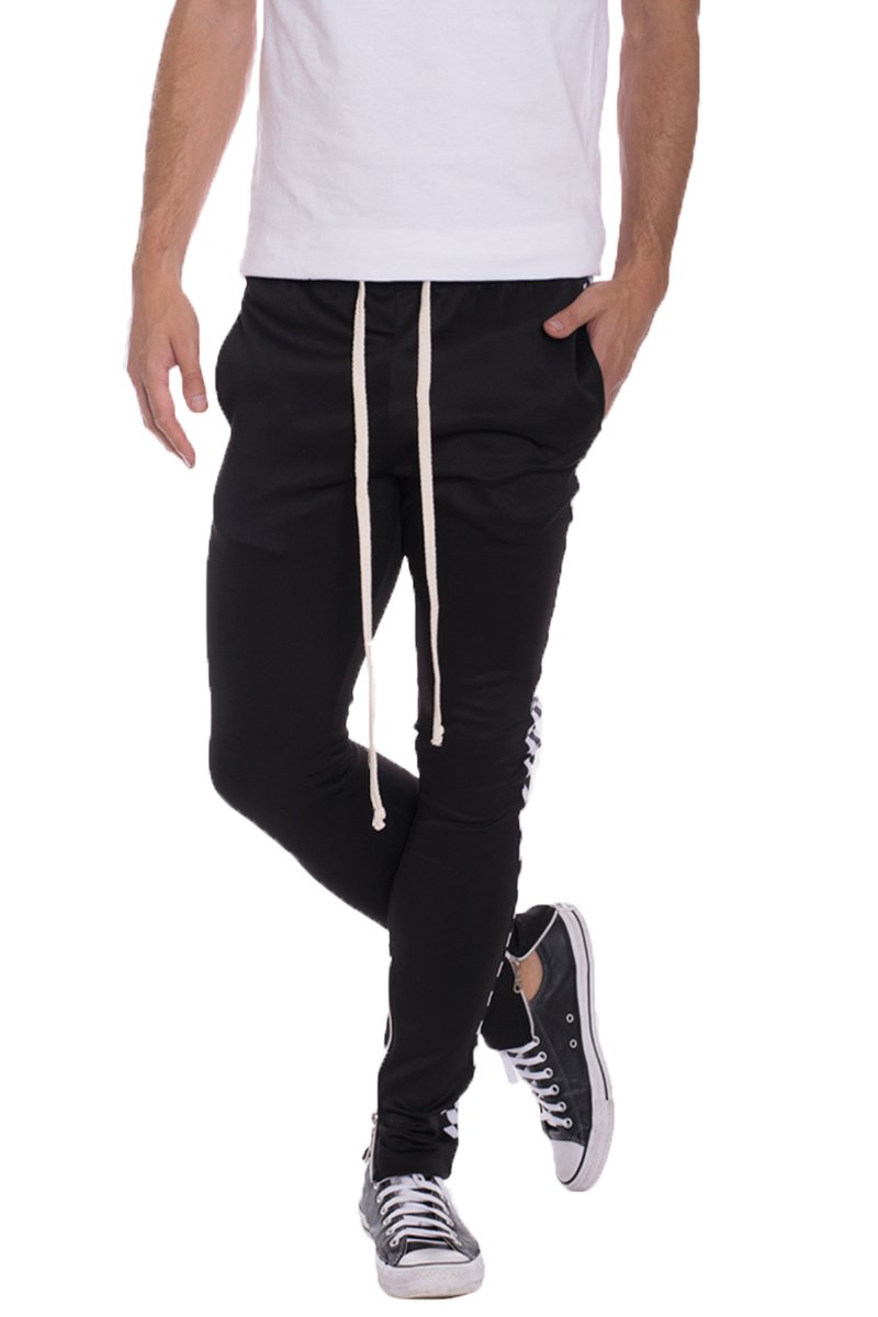 A pair of Racer Track Pants in a sleek skinny fit, featuring an elastic waist with drawstring and standard pockets, perfect for workouts and casual wear.