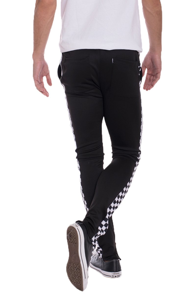 A pair of Racer Track Pants in a sleek skinny fit, featuring an elastic waist with drawstring and standard pockets, perfect for workouts and casual wear.