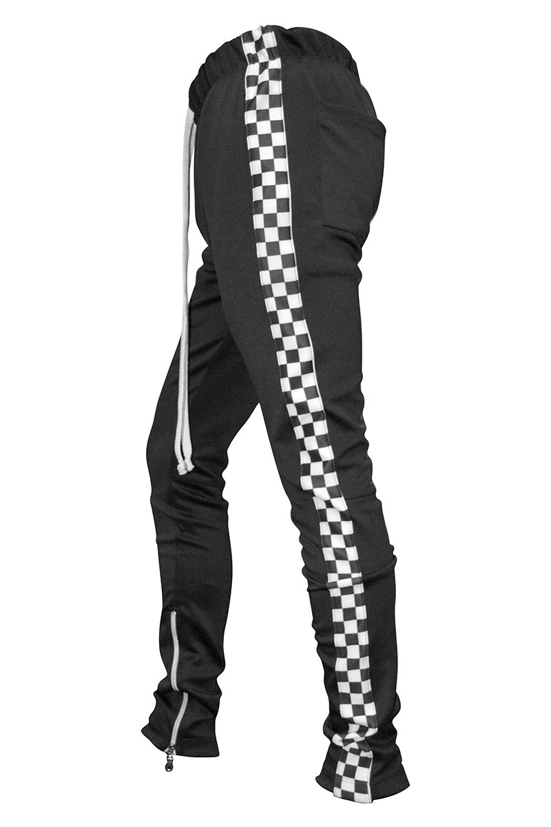 A pair of Racer Track Pants in a sleek skinny fit, featuring an elastic waist with drawstring and standard pockets, perfect for workouts and casual wear.