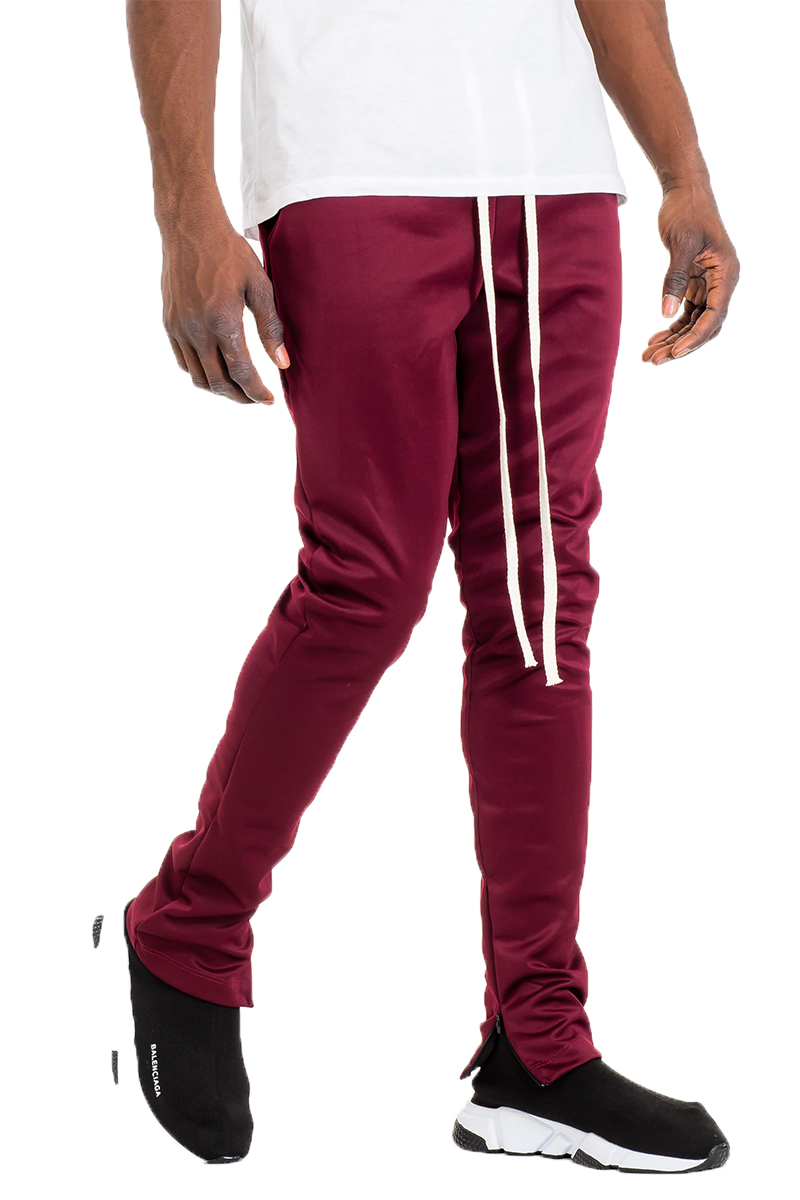 Burgundy Simple Track Pants featuring a skinny fit, elastic waist with drawstring, and hidden ankle zipper, perfect for workouts and casual wear.