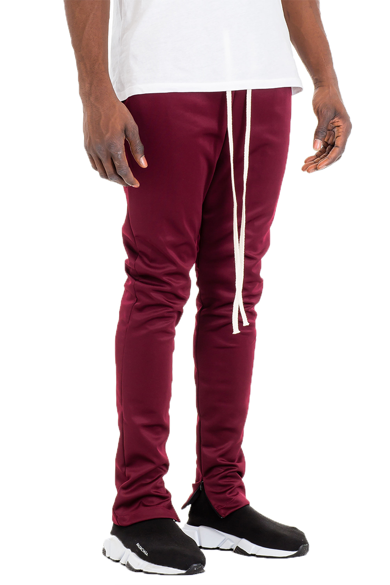 Burgundy Simple Track Pants featuring a skinny fit, elastic waist with drawstring, and hidden ankle zipper, perfect for workouts and casual wear.