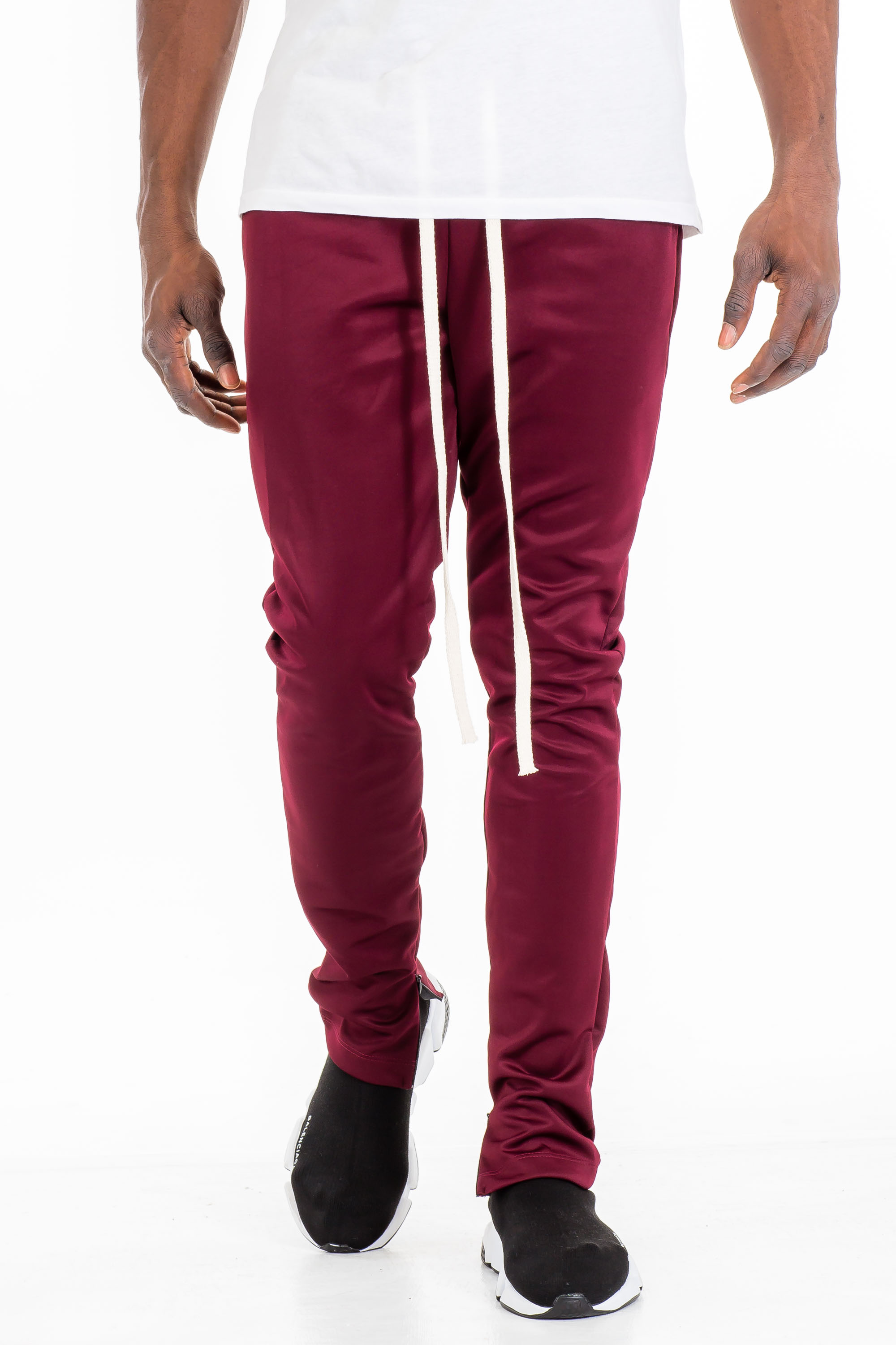 Burgundy Simple Track Pants featuring a skinny fit, elastic waist with drawstring, and hidden ankle zipper, perfect for workouts and casual wear.