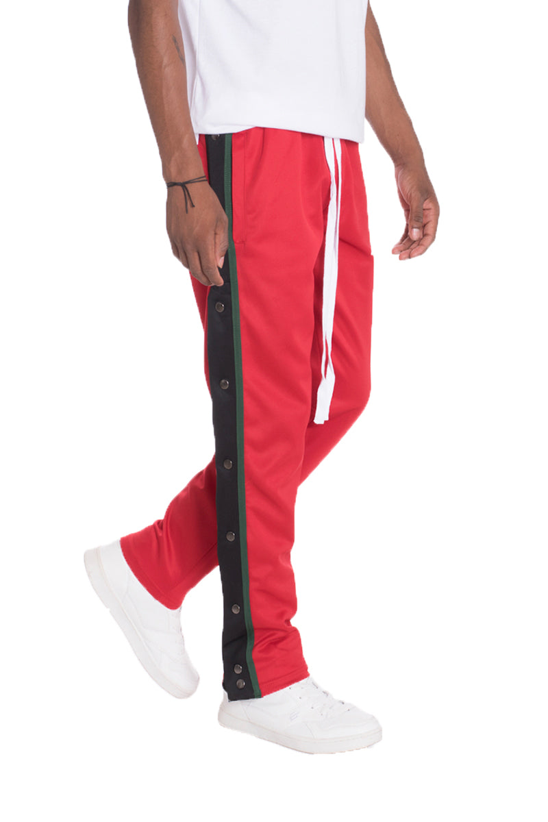 A pair of stylish Snap Button Track Pants featuring a straight fit, side snap buttons, and standard pockets, perfect for casual and active wear.