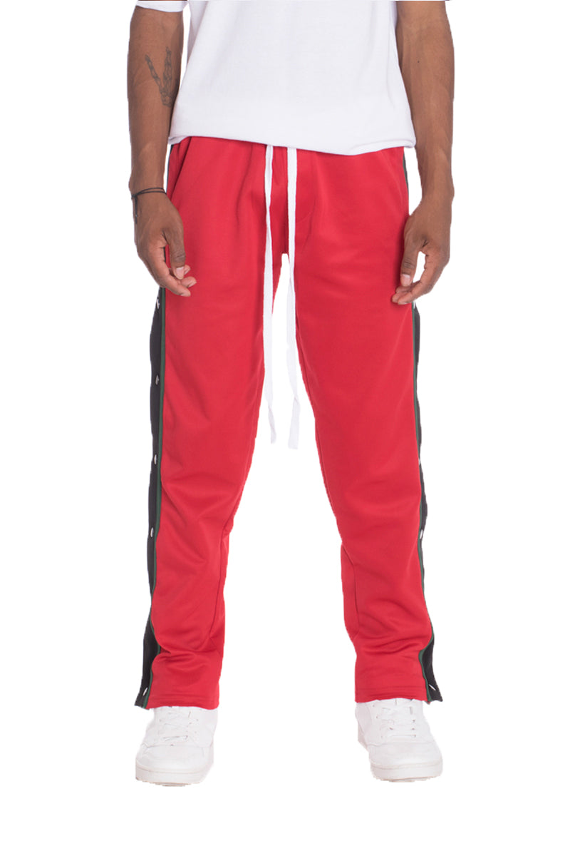 A pair of stylish Snap Button Track Pants featuring a straight fit, side snap buttons, and standard pockets, perfect for casual and active wear.