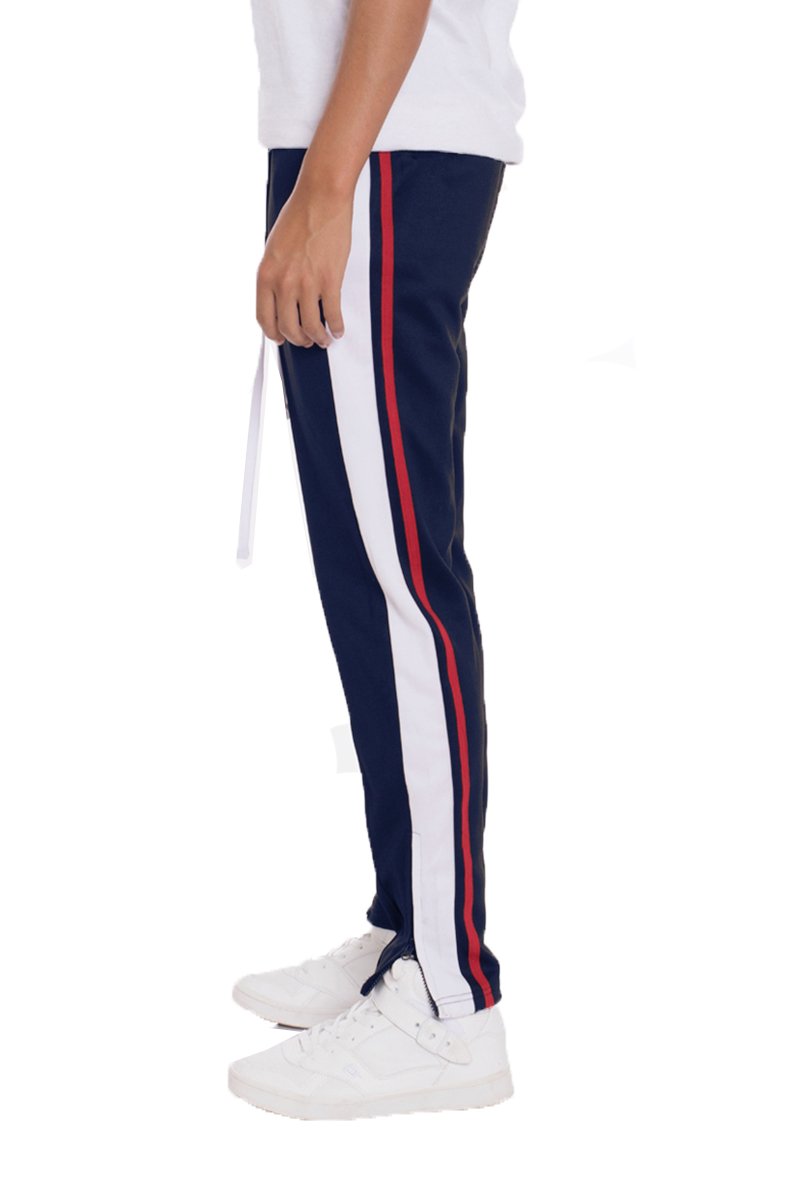 Navy TRICOT Striped Track Pants featuring a regular fit, standard pockets, and hidden ankle zippers, ideal for casual wear.