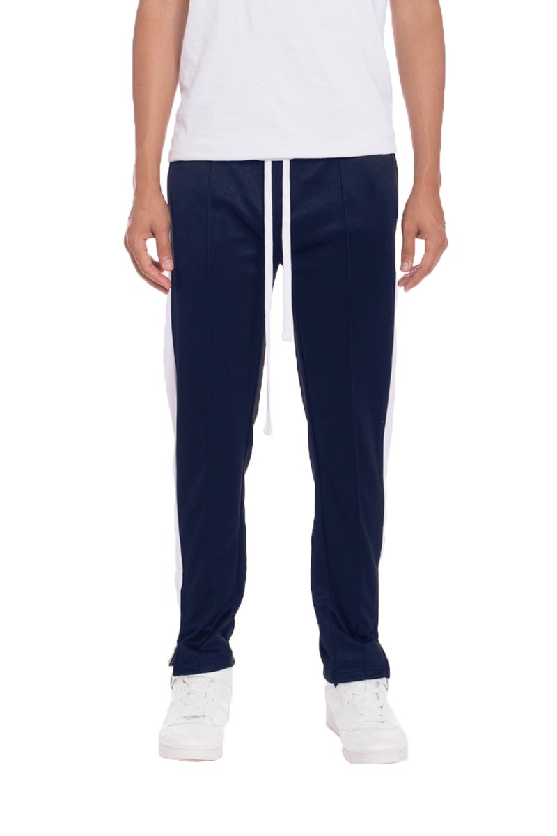 Navy TRICOT Striped Track Pants featuring a regular fit, standard pockets, and hidden ankle zippers, ideal for casual wear.