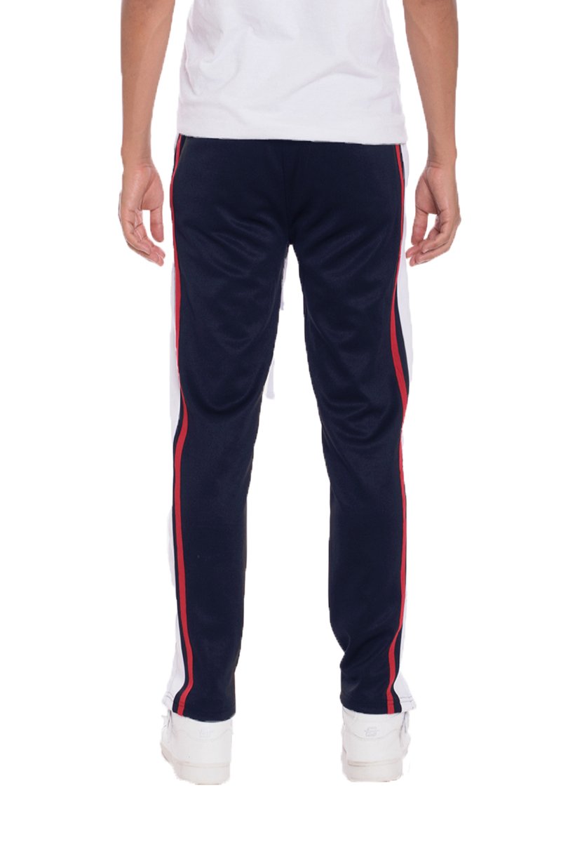 Navy TRICOT Striped Track Pants featuring a regular fit, standard pockets, and hidden ankle zippers, ideal for casual wear.