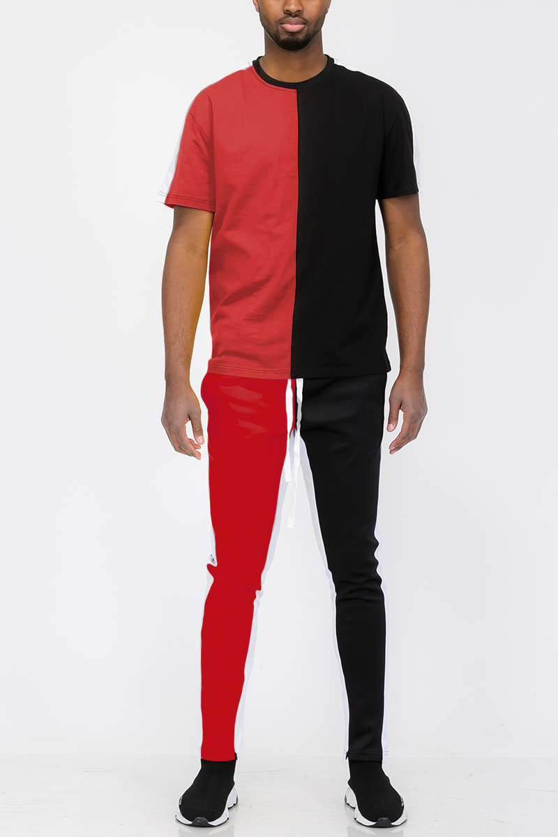 Two Way Split Tshirt Set featuring a cotton t-shirt and polyester track pants with side stripe and ankle zippers.