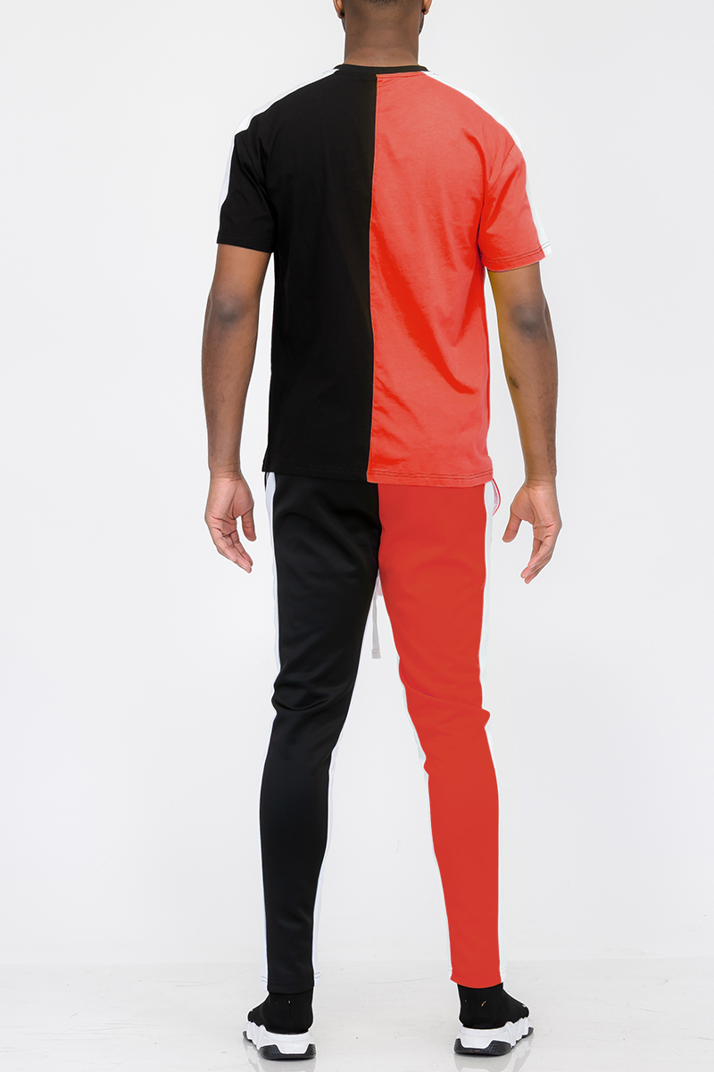 Two Way Split Tshirt Set featuring a cotton t-shirt and polyester track pants with side stripe and ankle zippers.