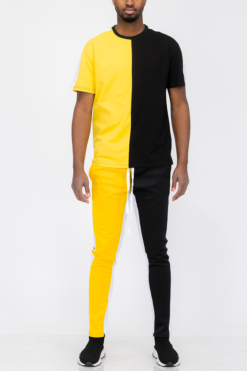 Two Way Split T-shirt Set featuring a cotton t-shirt and polyester-spandex track pants with side stripe and ankle zipper.