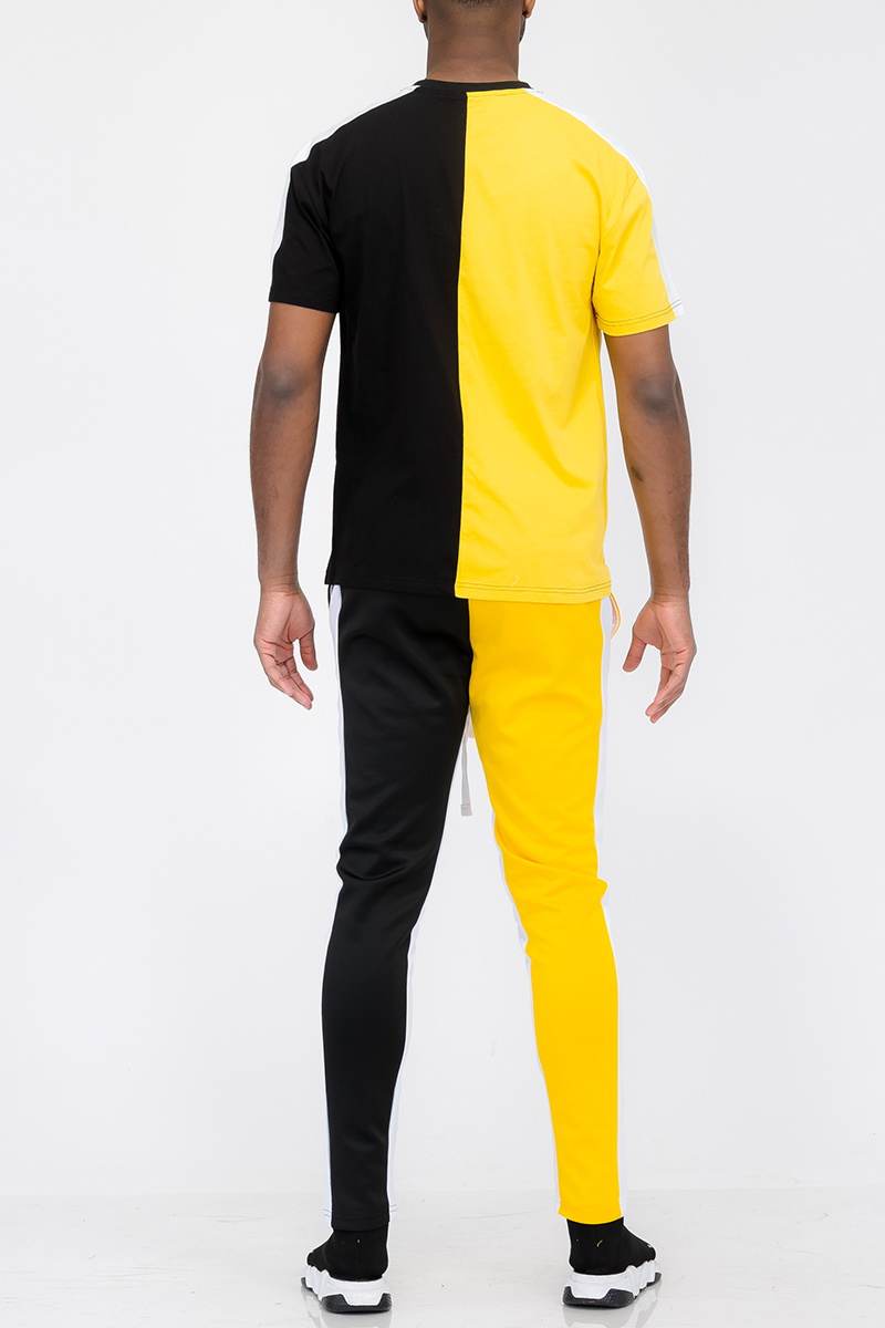 Two Way Split T-shirt Set featuring a cotton t-shirt and polyester-spandex track pants with side stripe and ankle zipper.