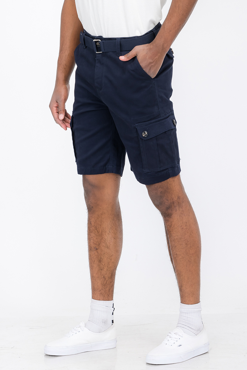 Belted Cargo Short featuring a buckle belt, side cargo pockets, and back pockets, made from cotton and elastane for comfort.