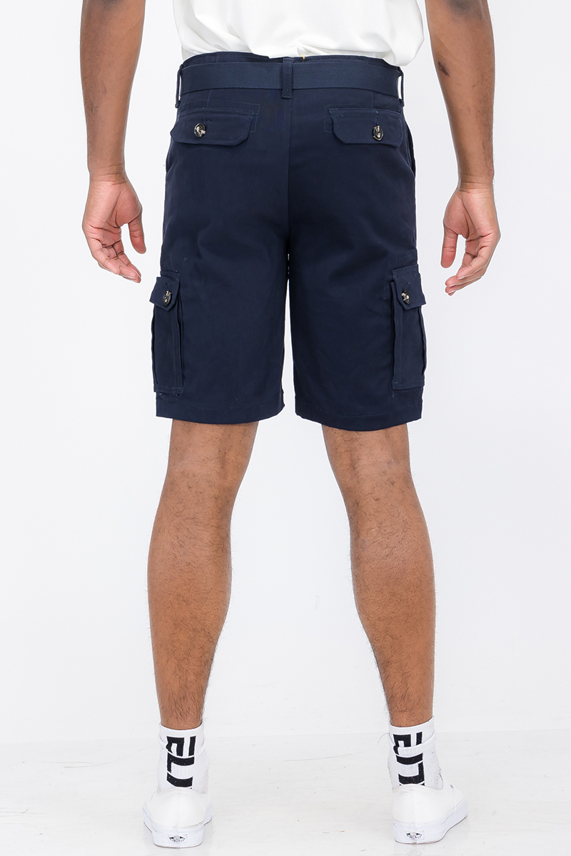 Belted Cargo Short featuring a buckle belt, side cargo pockets, and back pockets, made from cotton and elastane for comfort.