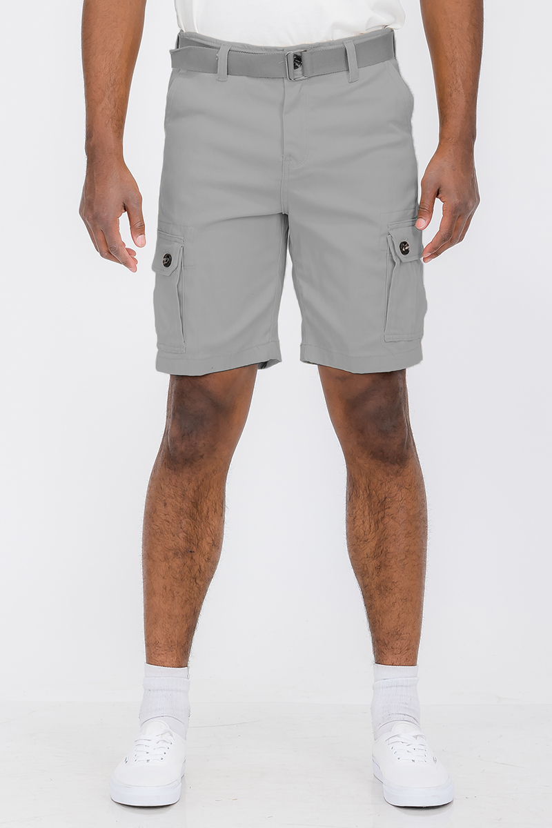 Belted Cargo Short featuring a buckle belt, side cargo pockets, and button closure waist, made from cotton and elastane blend.