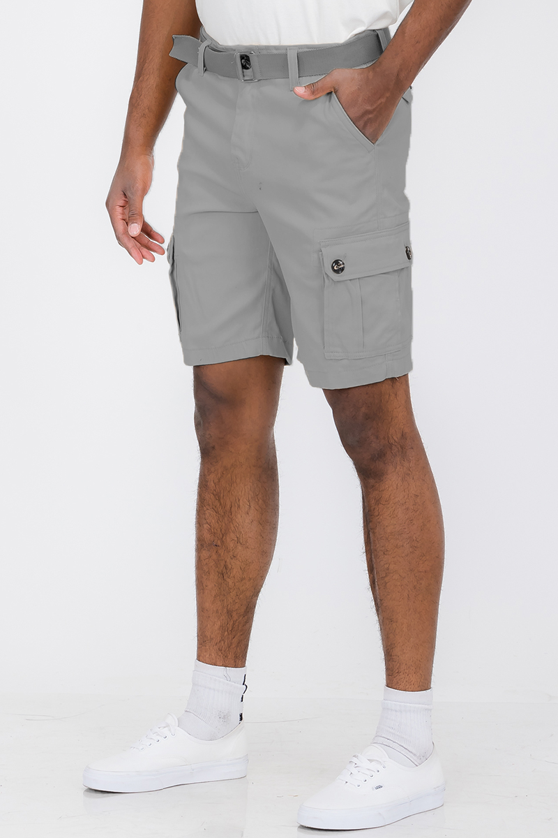 Belted Cargo Short featuring a buckle belt, side cargo pockets, and button closure waist, made from cotton and elastane blend.