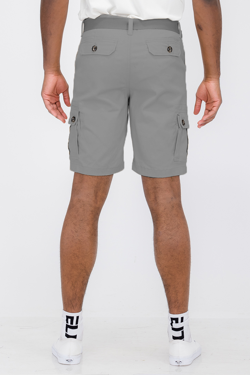 Belted Cargo Short featuring a buckle belt, side cargo pockets, and button closure waist, made from cotton and elastane blend.