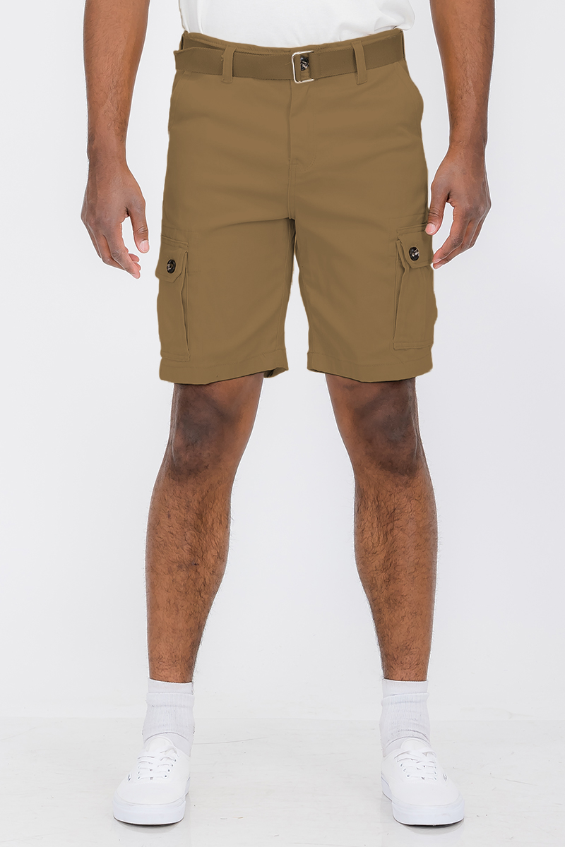 Belted Cargo Short featuring a buckle belt, button closure, and multiple pockets, made from cotton and elastane for comfort.